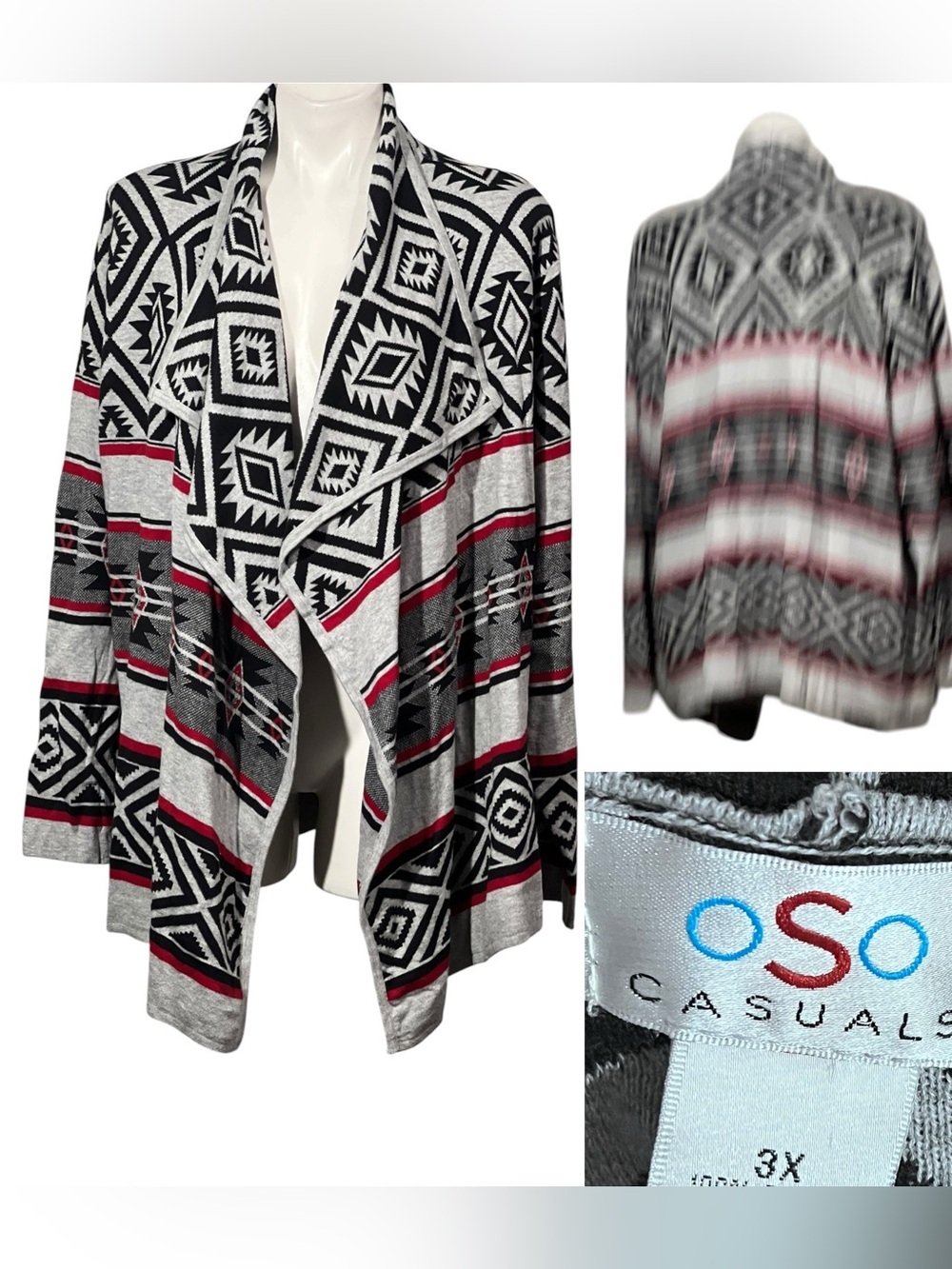 OSO Casuals Open Cardigan Sweater  Black/Gray waterfall southwestern Aztec (3X)